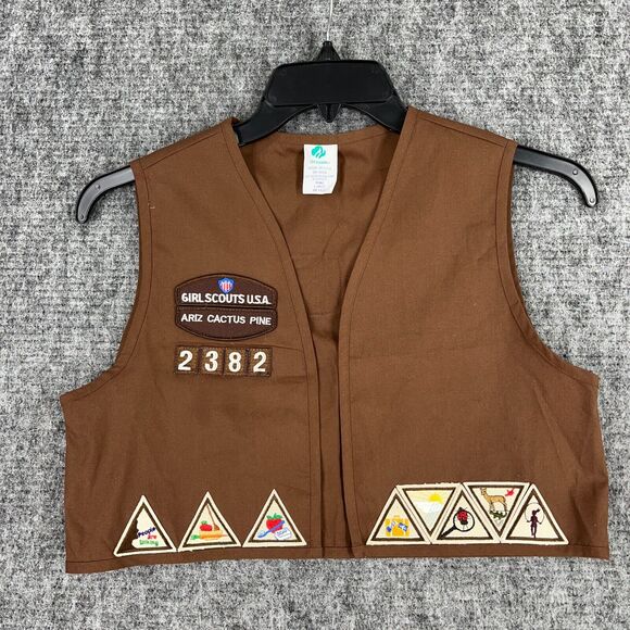 Girl scouts Vest Large Brown USA‎ made Scouting Vintage Brownies Patches Cactus - Picture 1 of 7